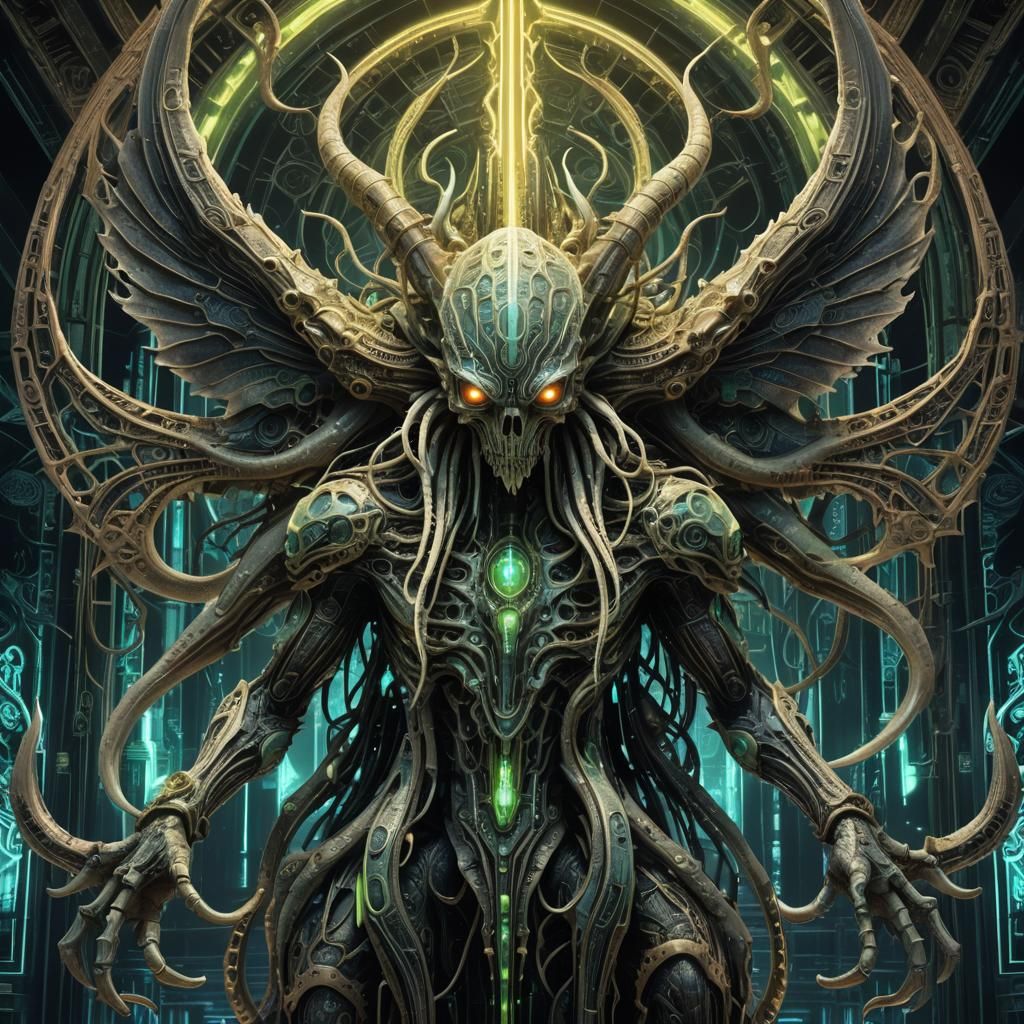Biomechanical Cosmic Horror: Squid Deity in Cyberpunk Settin...