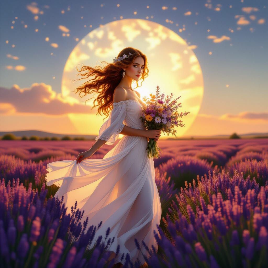 Woman in Lavender Field: Art Nouveau Celestial Portrait