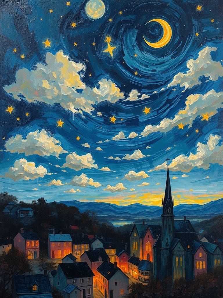 Night Sky Over Peaceful Town as Impasto Painting