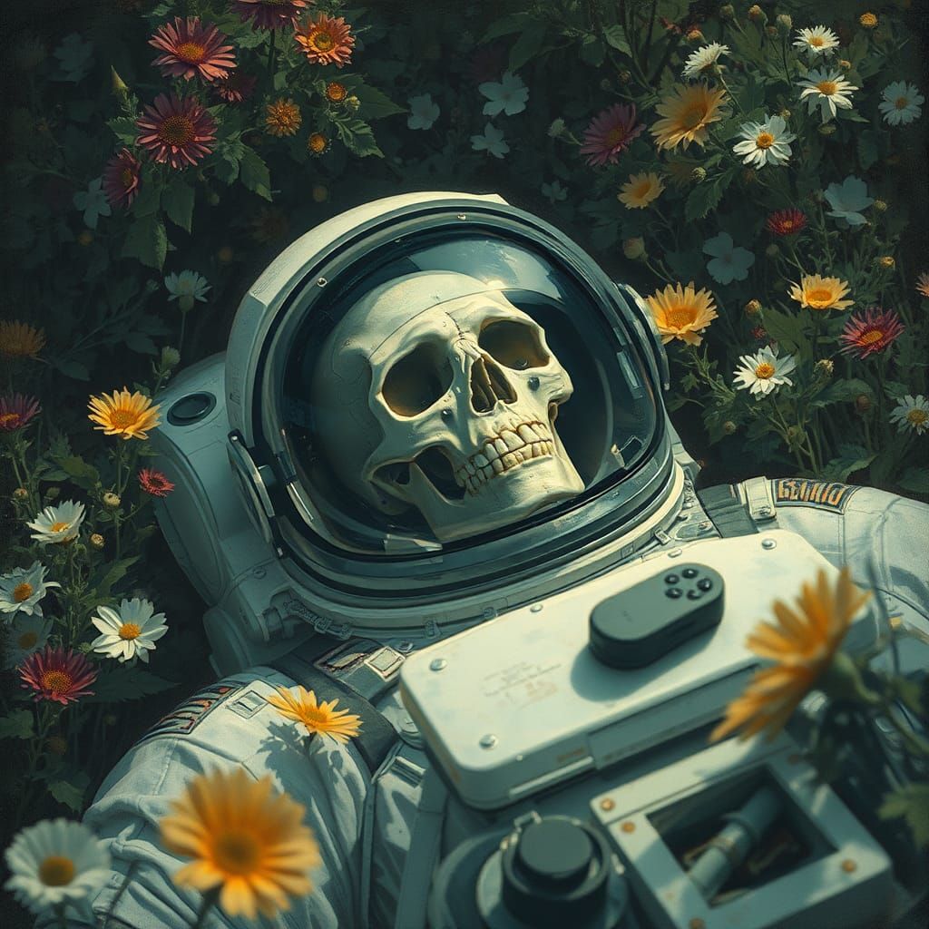 Astronaut's Skull in Flower Garden: Sinister Art