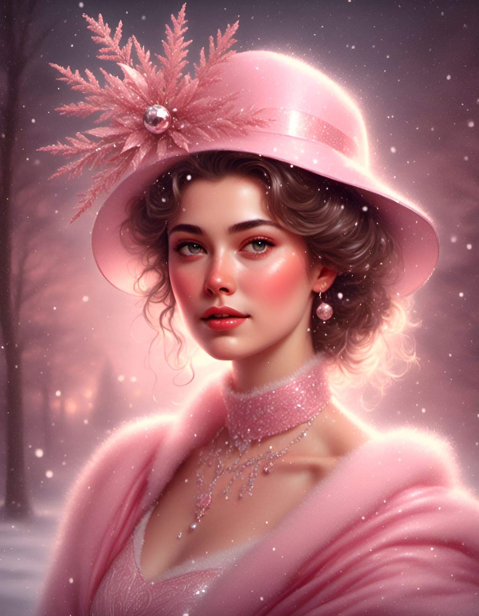 Ice Pink Vintage Christmas Lady Portrait