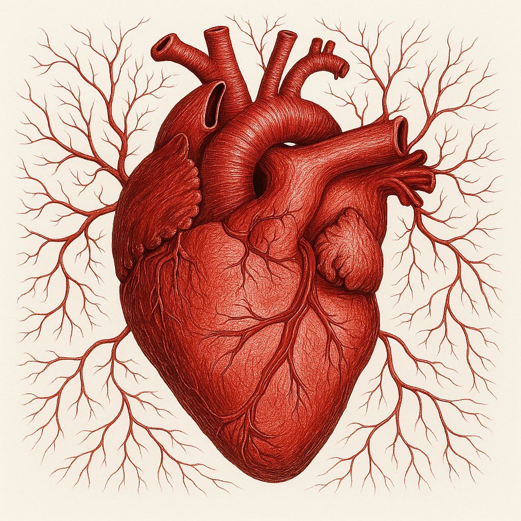 Intricate Red Heart with Blood Vessels on White