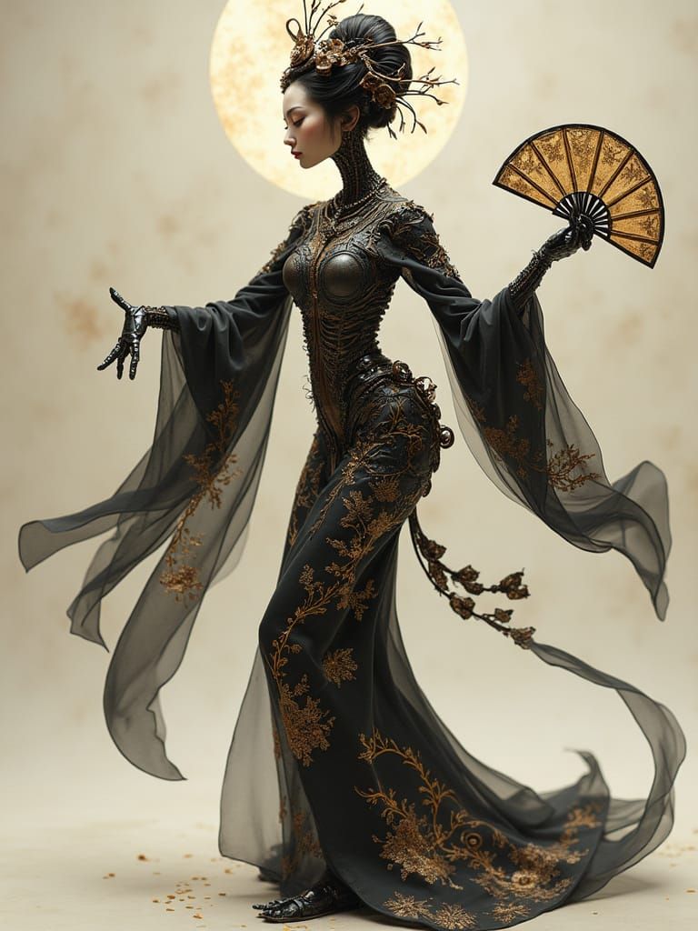 Steampunk Cyborg Geisha in Elegant Fan Dance Pose