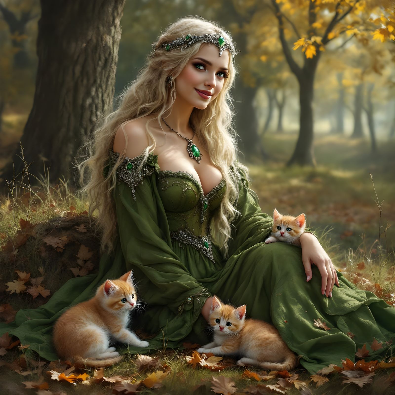 Fréyja in Autumn Forest Clearing Oil Painting