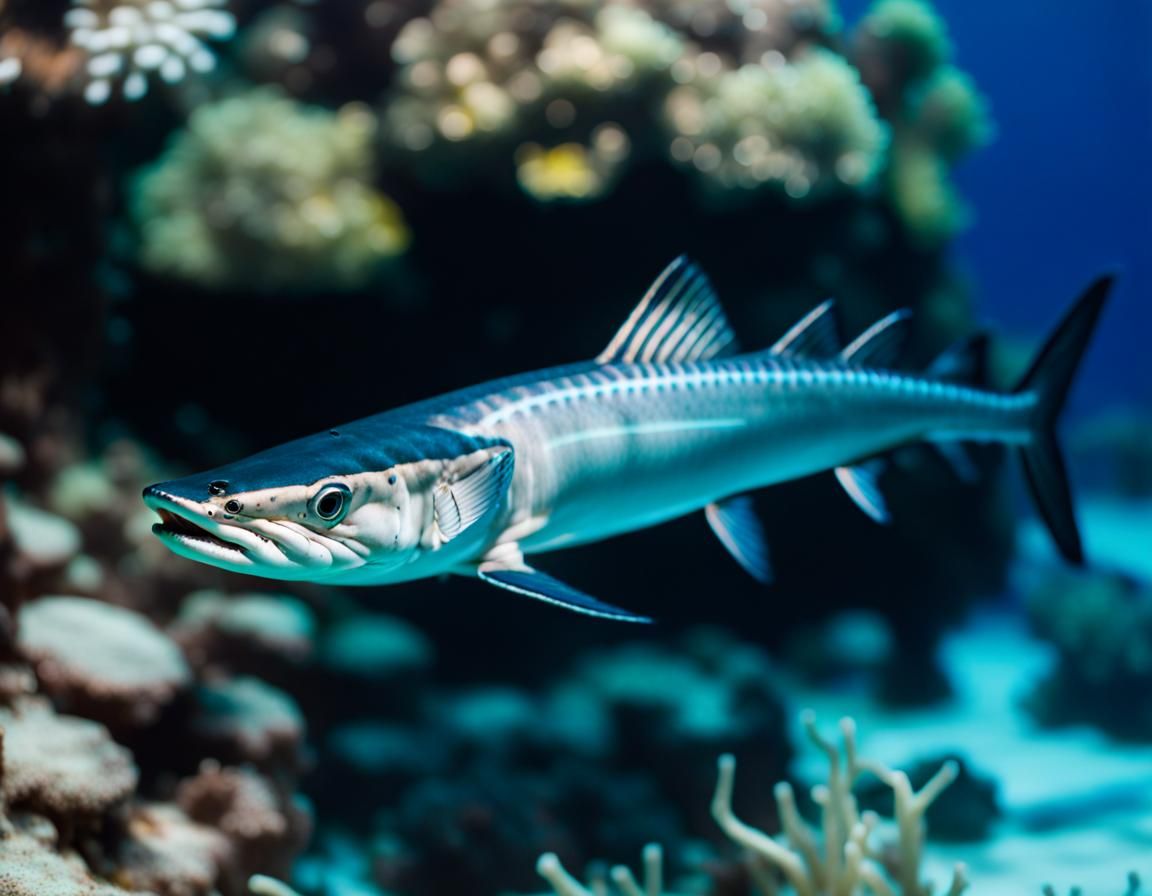 Barracuda Swimming Along Coral Reef in Sharp Focus
