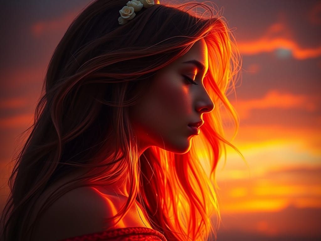Woman Bathed in Sunset Glow, Inspired by Pre-Raphaelite Art