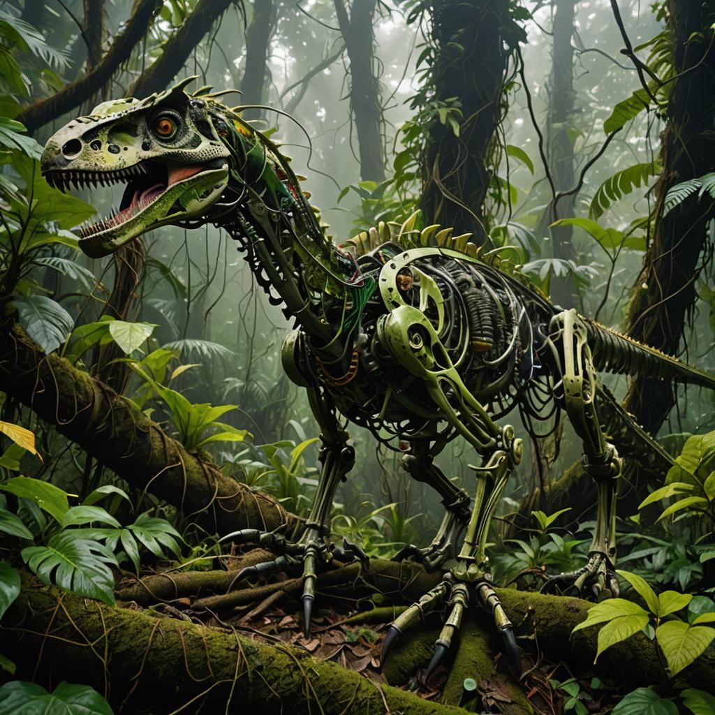 Biomechanical Velociraptor Skeleton in Foggy Jungle