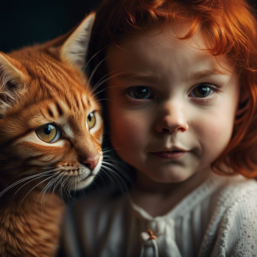 Redhead Girl and Ginger Cat Portrait