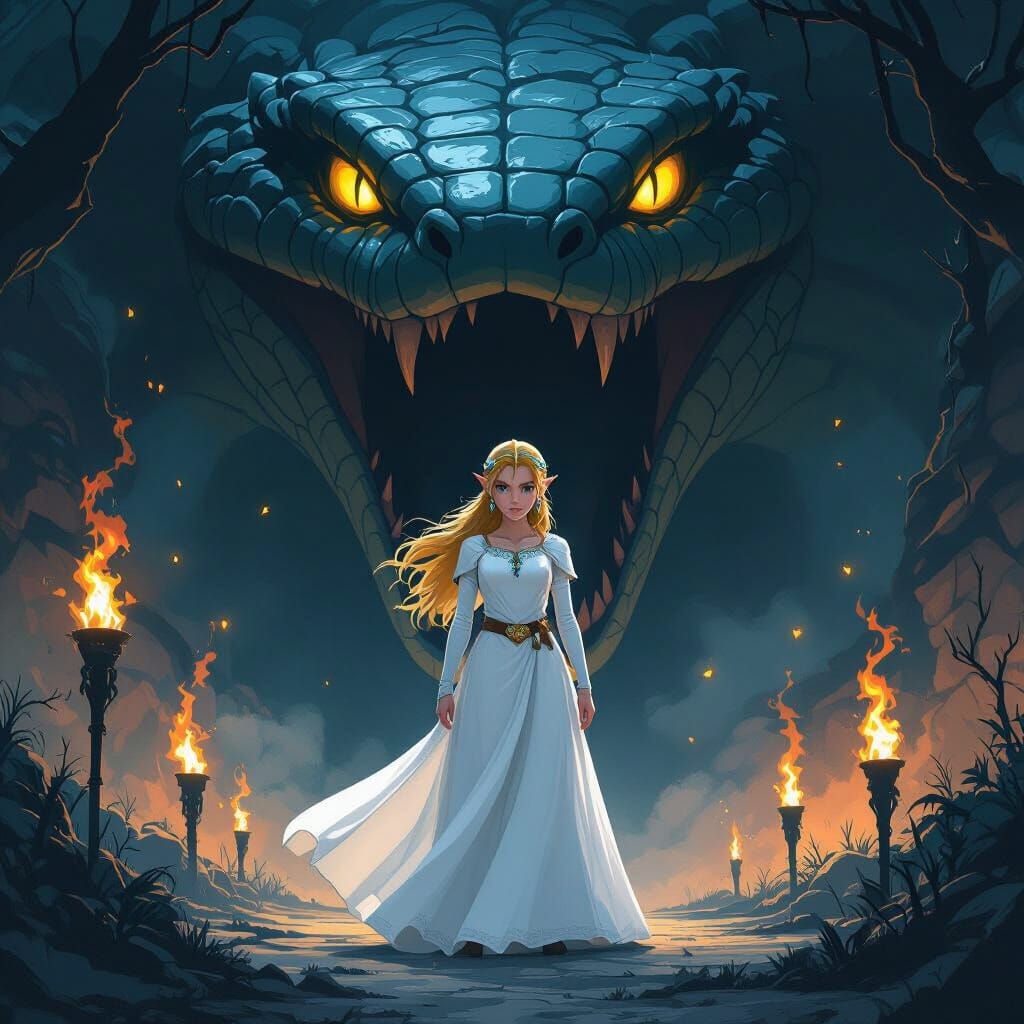 Princess Zelda in Snake's Mouth, Dark Fantasy Art