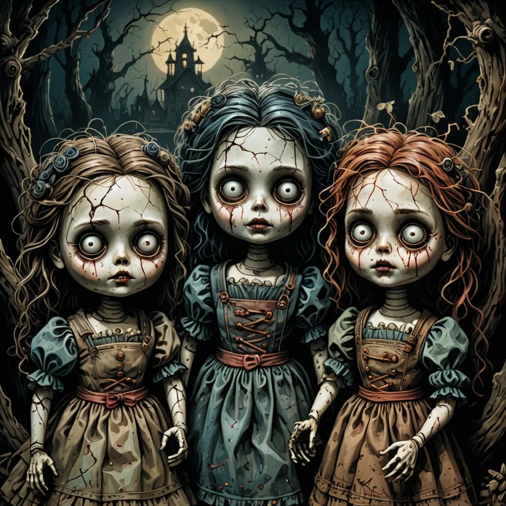 Creepy Dolls on Dusty Shelf, Detailed Art