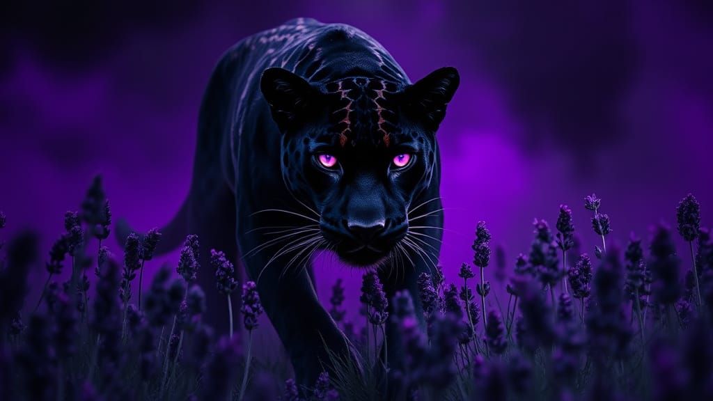 Black Jaguar Stalking in Lavender Field with Purple Mist
