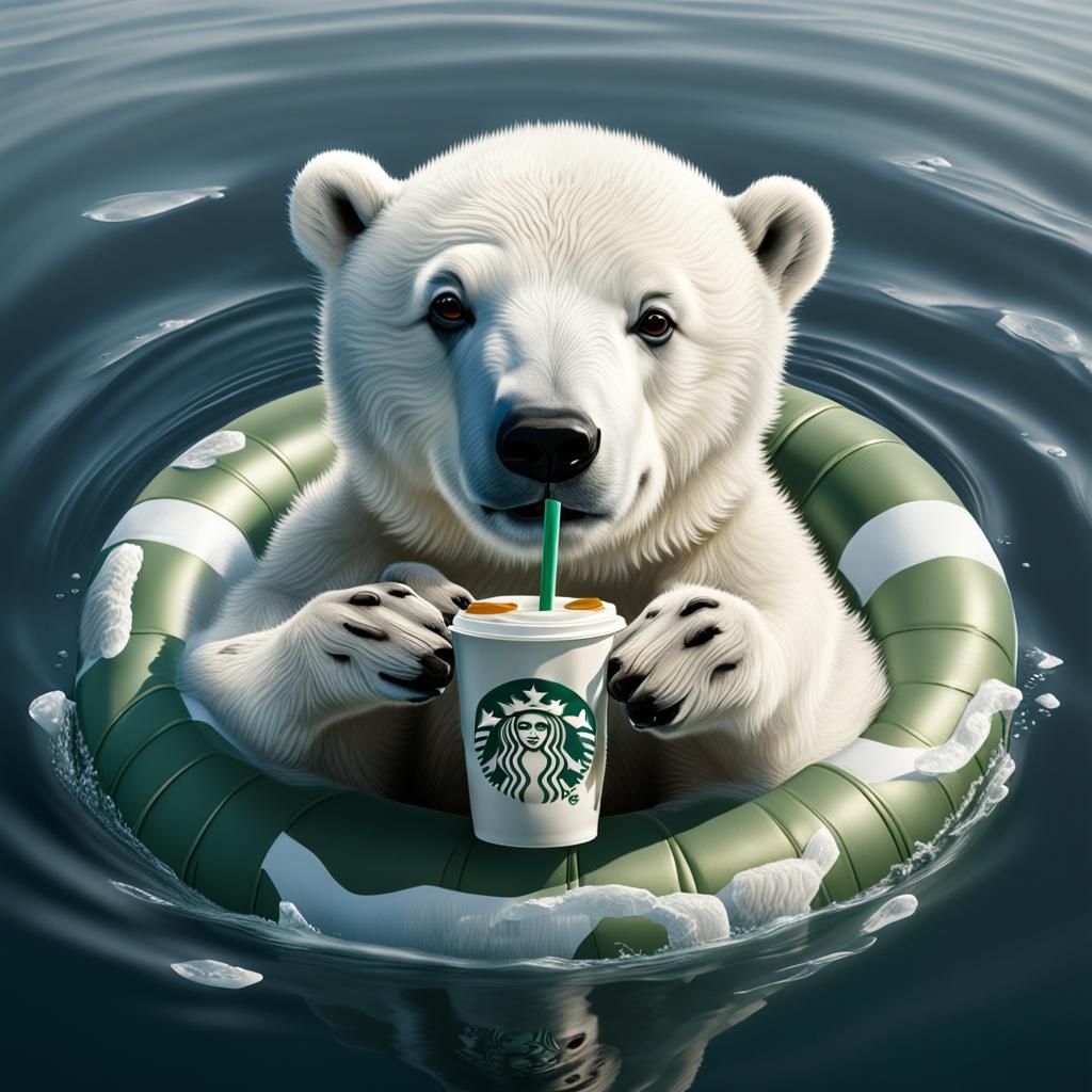 Hyperrealistic Polar Bear Sipping Starbucks in Arctic