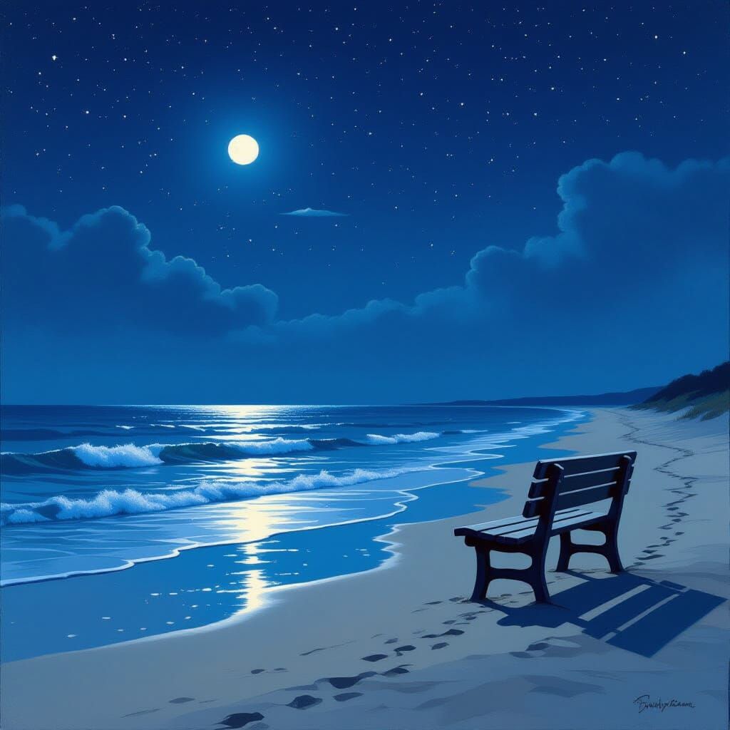 Starry Night Beach Scene with Wooden Bench
