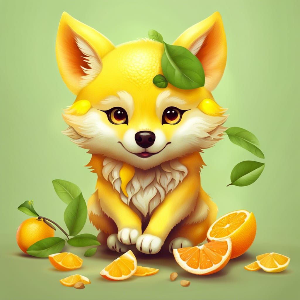 Cute Citrus Wolf Cub with Leafy Sprout