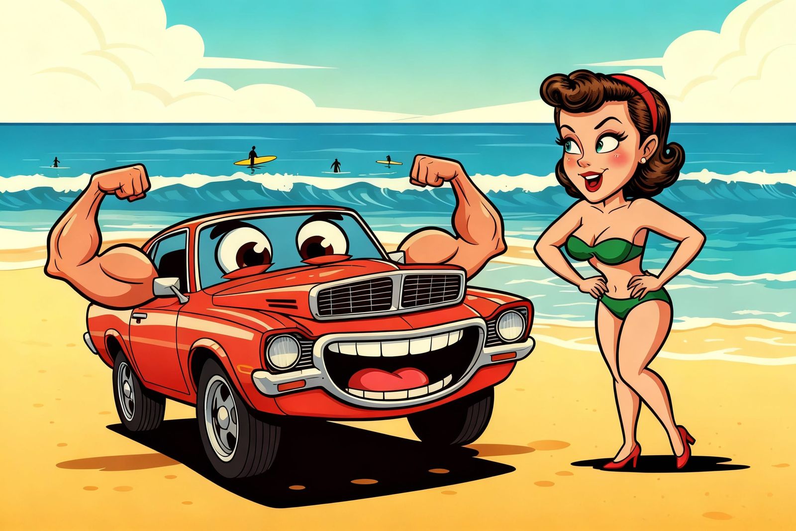Woman Poses with Muscle Car on Beach