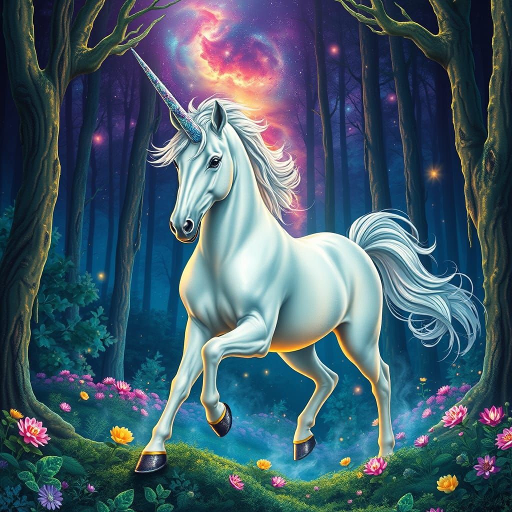 Cosmic Unicorn in Bioluminescent Forest, Art Nouveau Style
