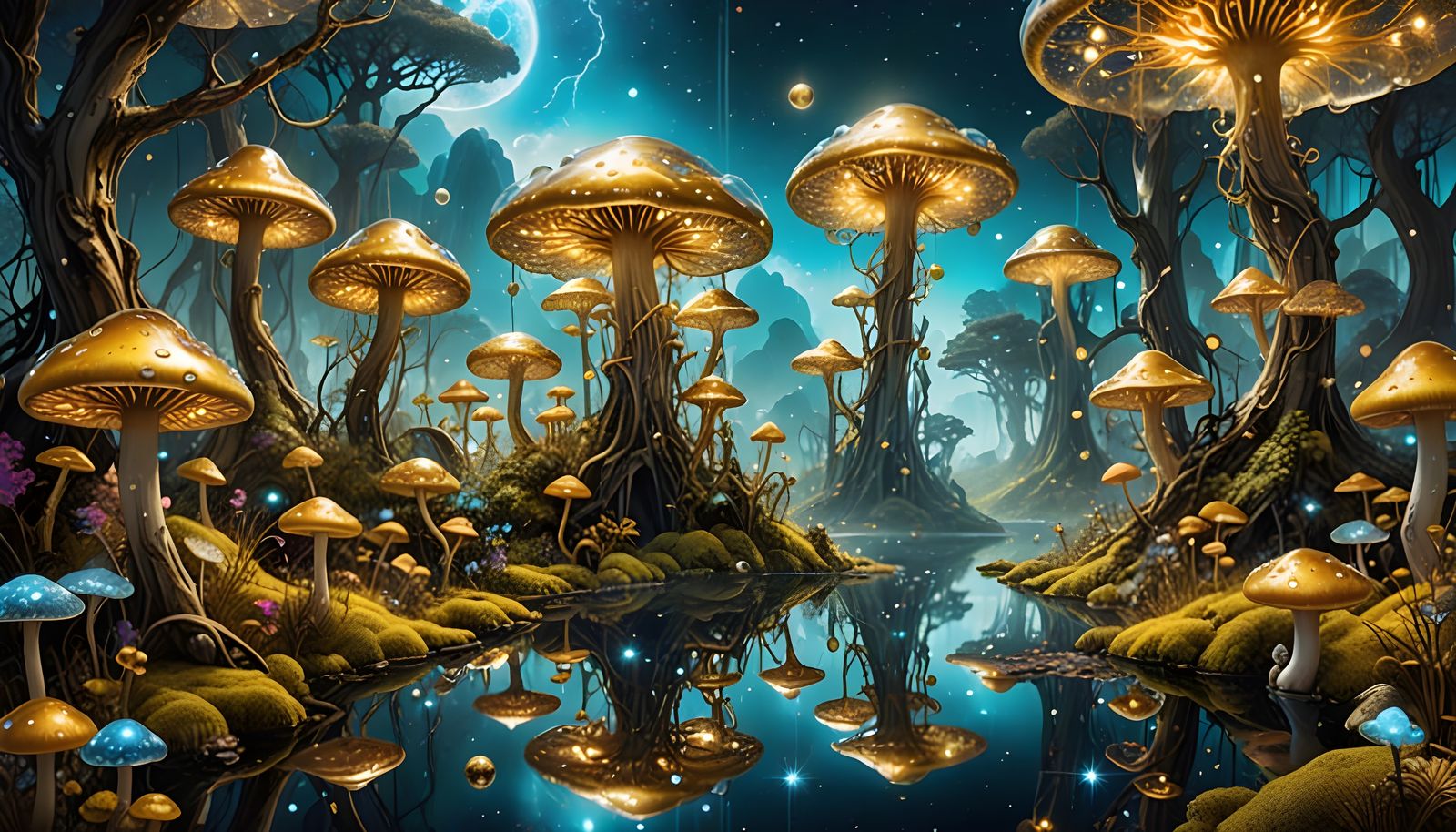 Surreal Landscape with Majestic Golden Mushroom Forest
