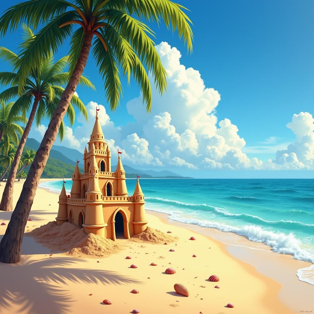 Tropical Sandcastle Paradise: Impressionist Beach Scene