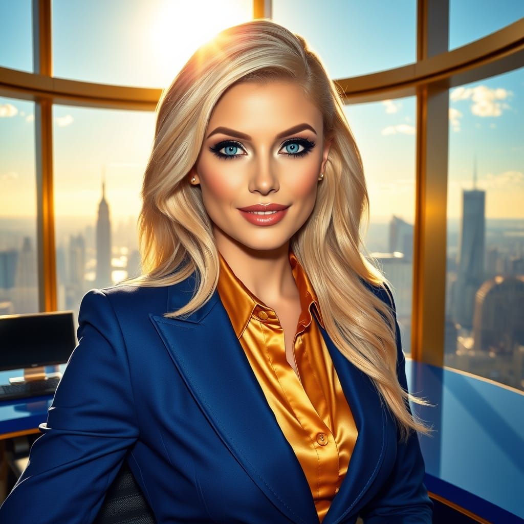 Confident Blonde Businesswoman in Gold CEO Office