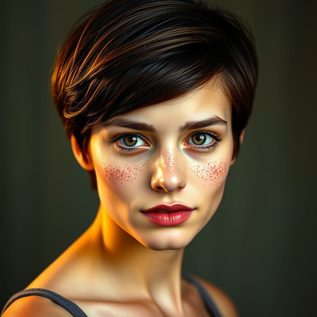 Confident Young Woman with Dark Hair and Freckled Skin in Ex...