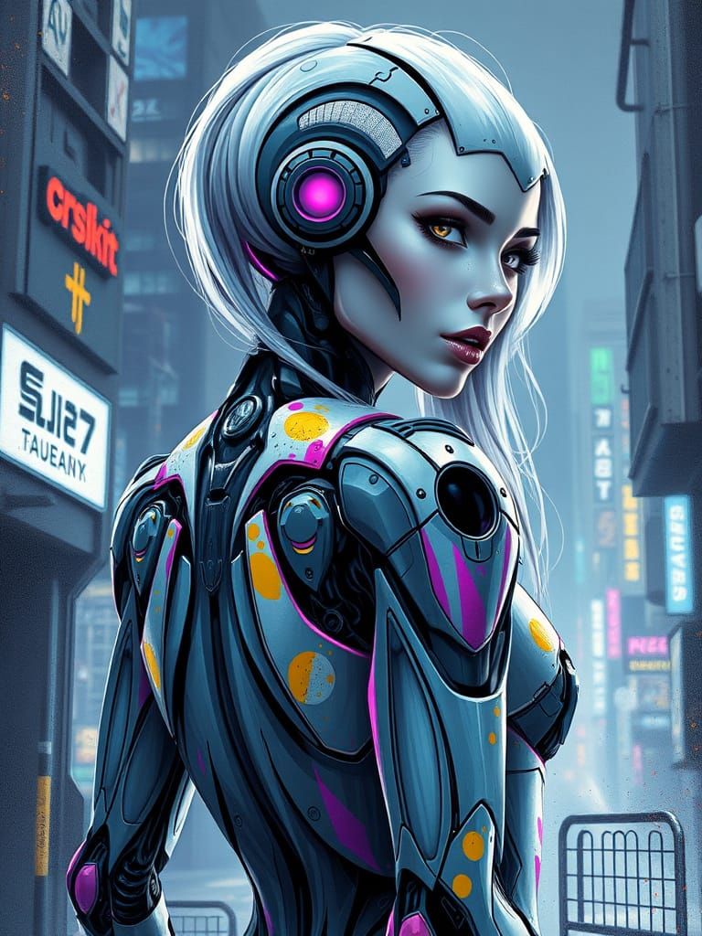 Beautiful Robotic Woman in Industrial Cityscape
