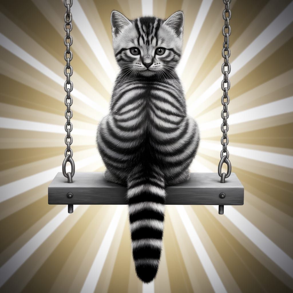 Sleek Grey Kitten Swings in Radiant Monochromatic Light