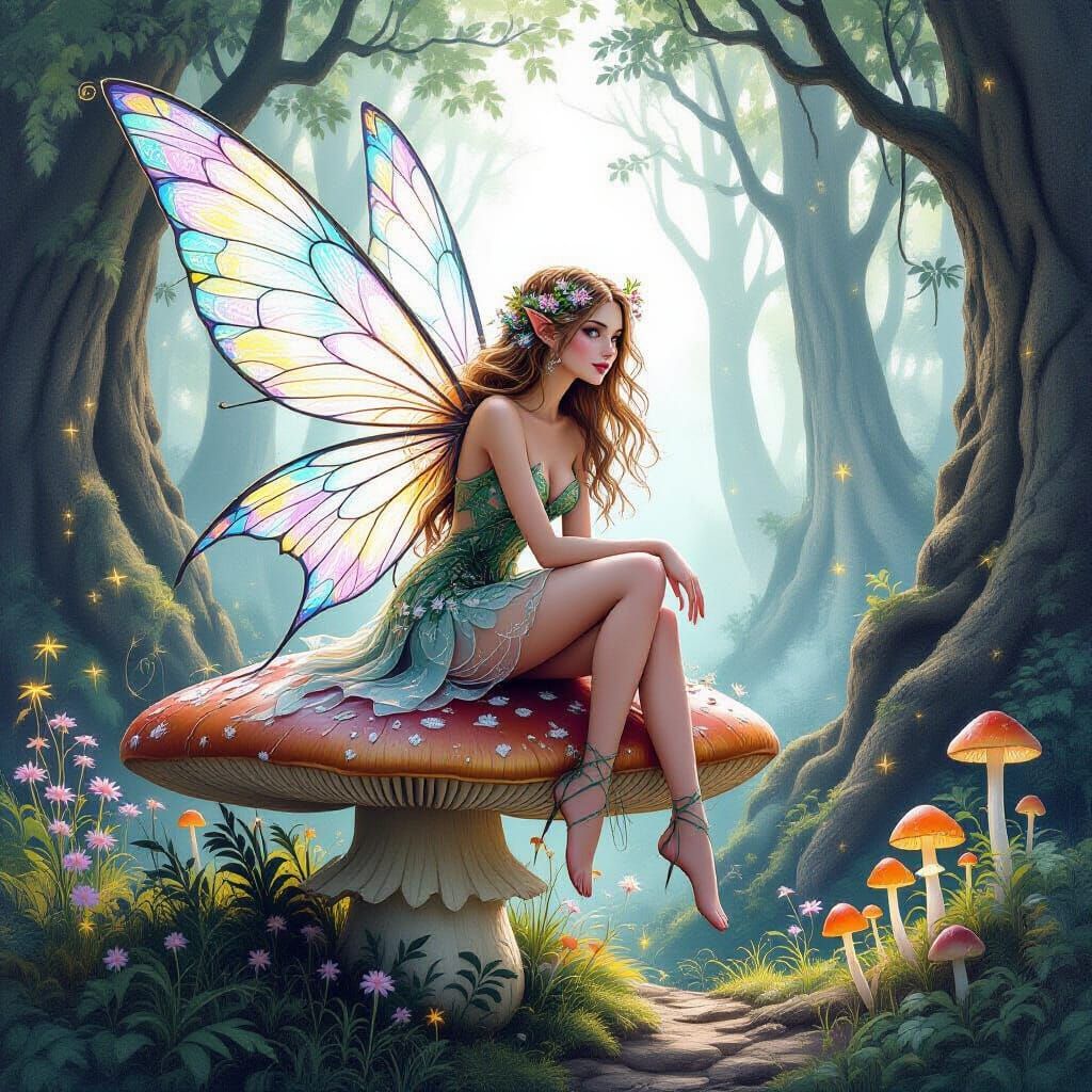 Detailed Pencil Sketch of Forest Fairy on Mushroom