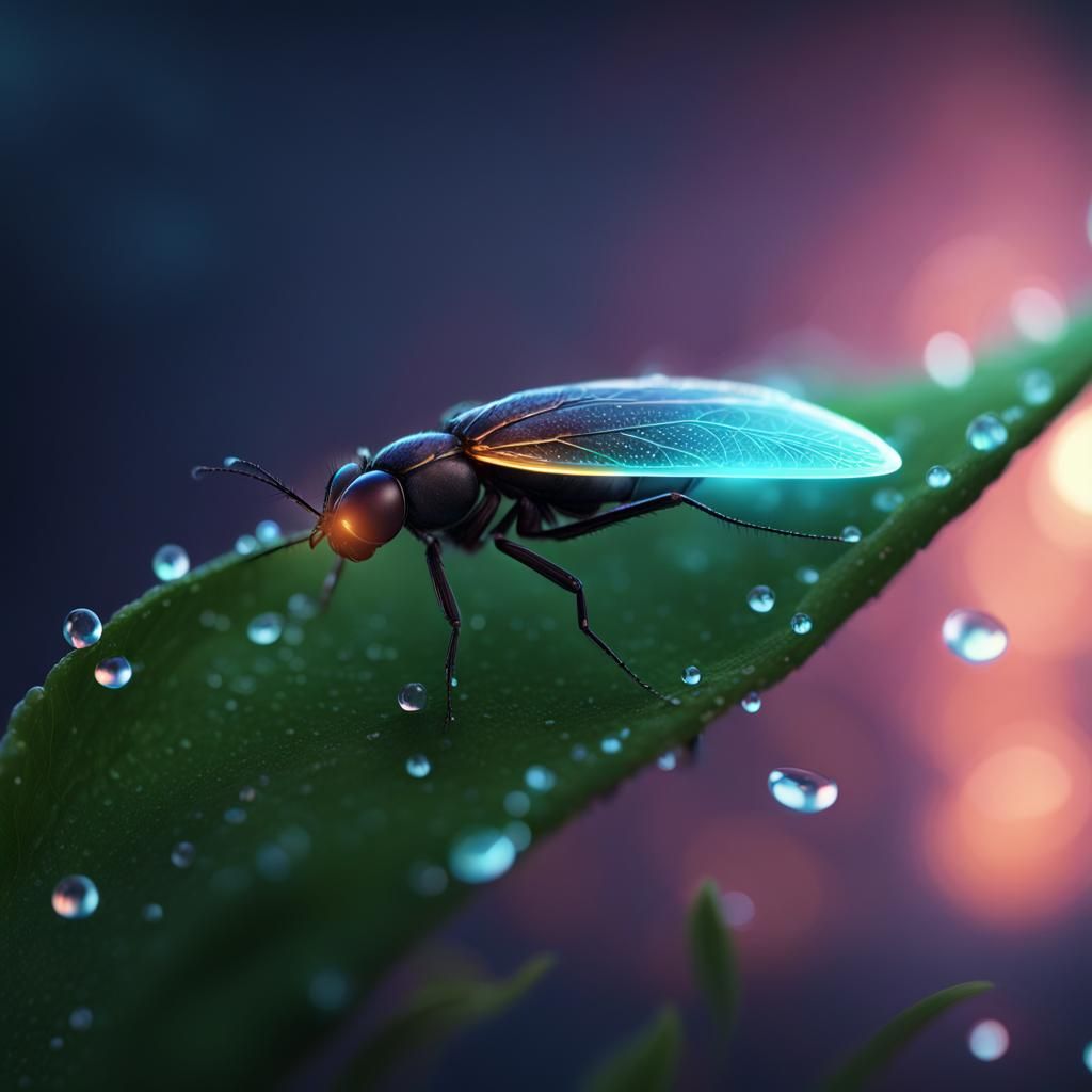 Glowing Firefly on Dewy Leaf: Fantasy Concept Art