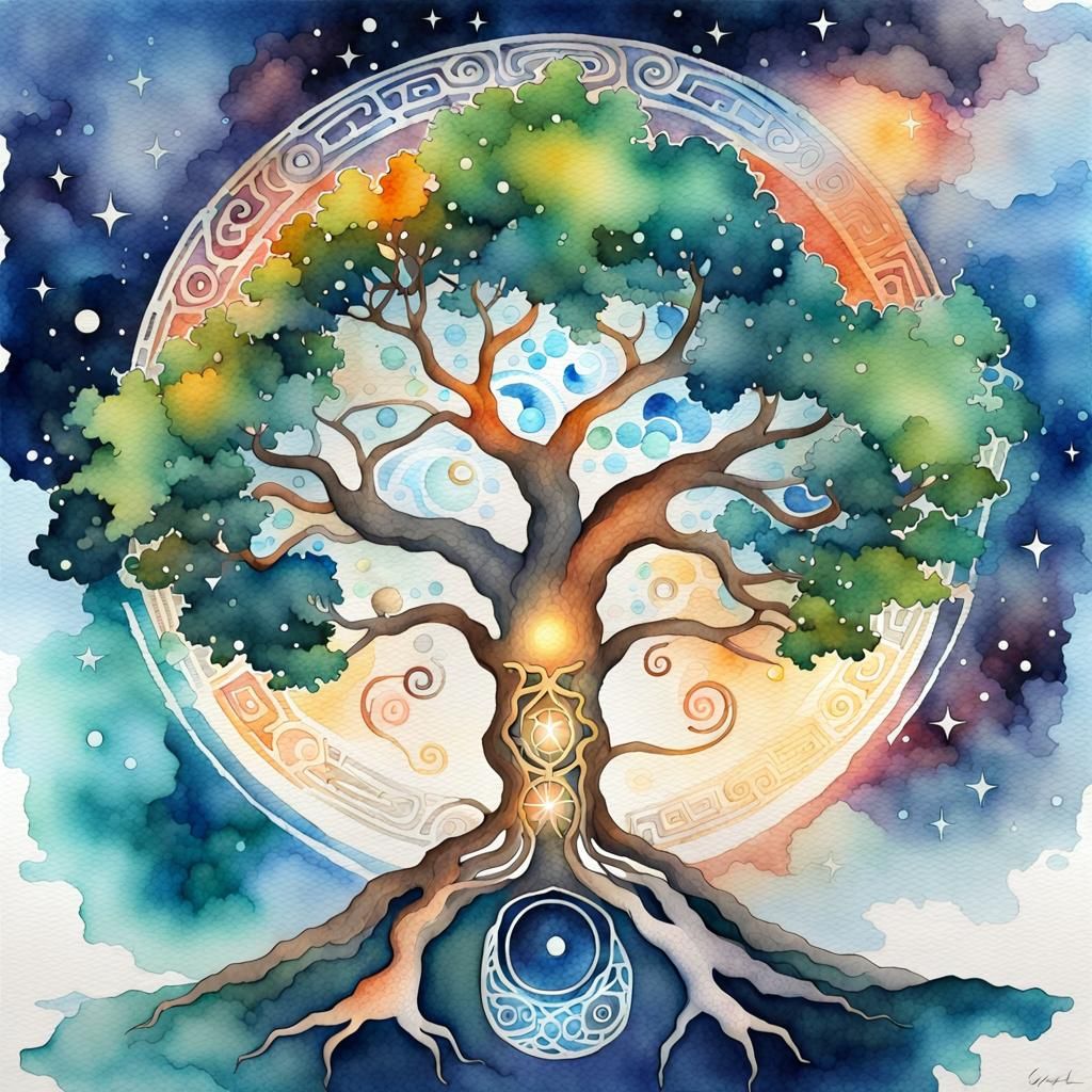 Yggdrasil in Watercolor Style: Cosmic Tree of Life