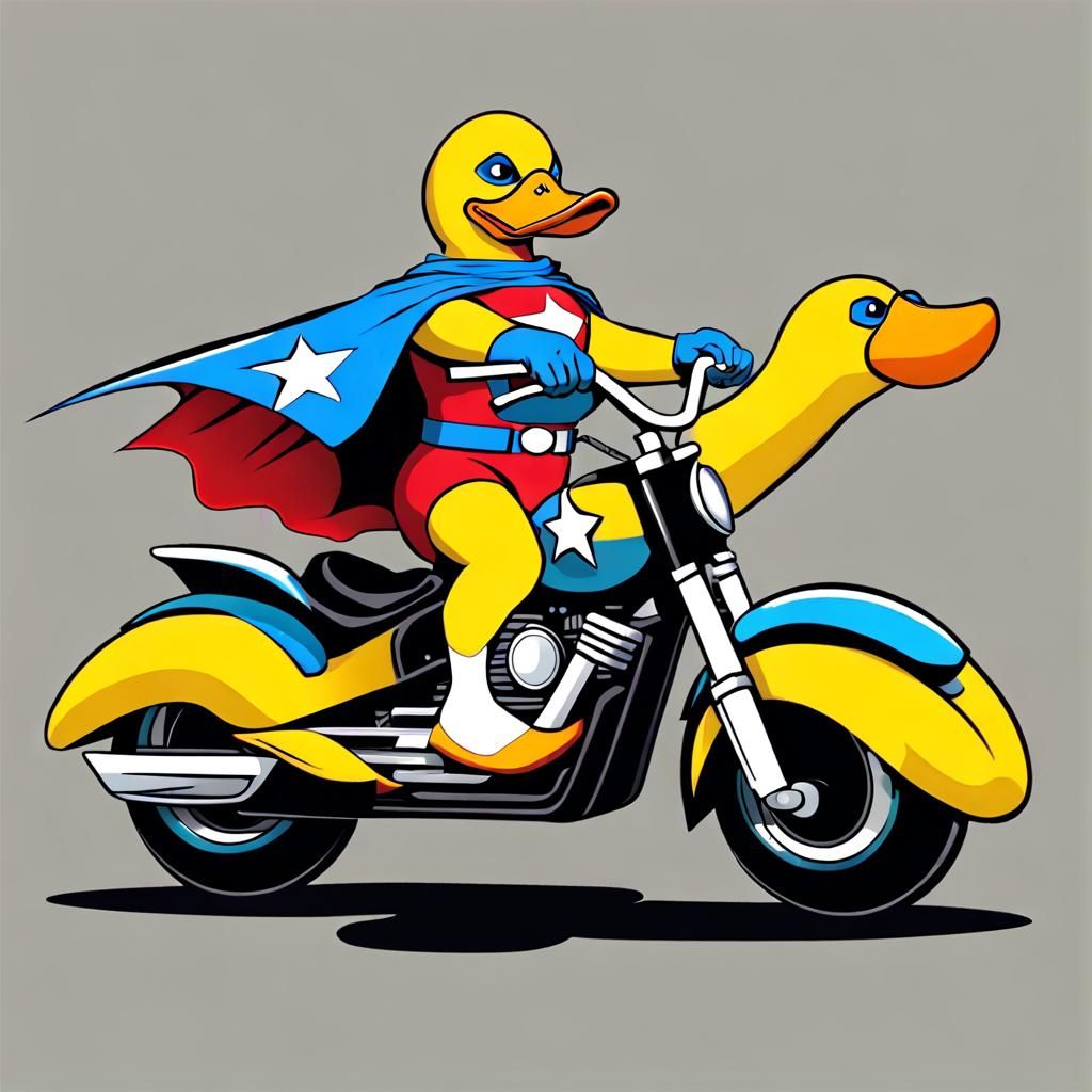 Superhero Duck Rides Duck Motorcycle
