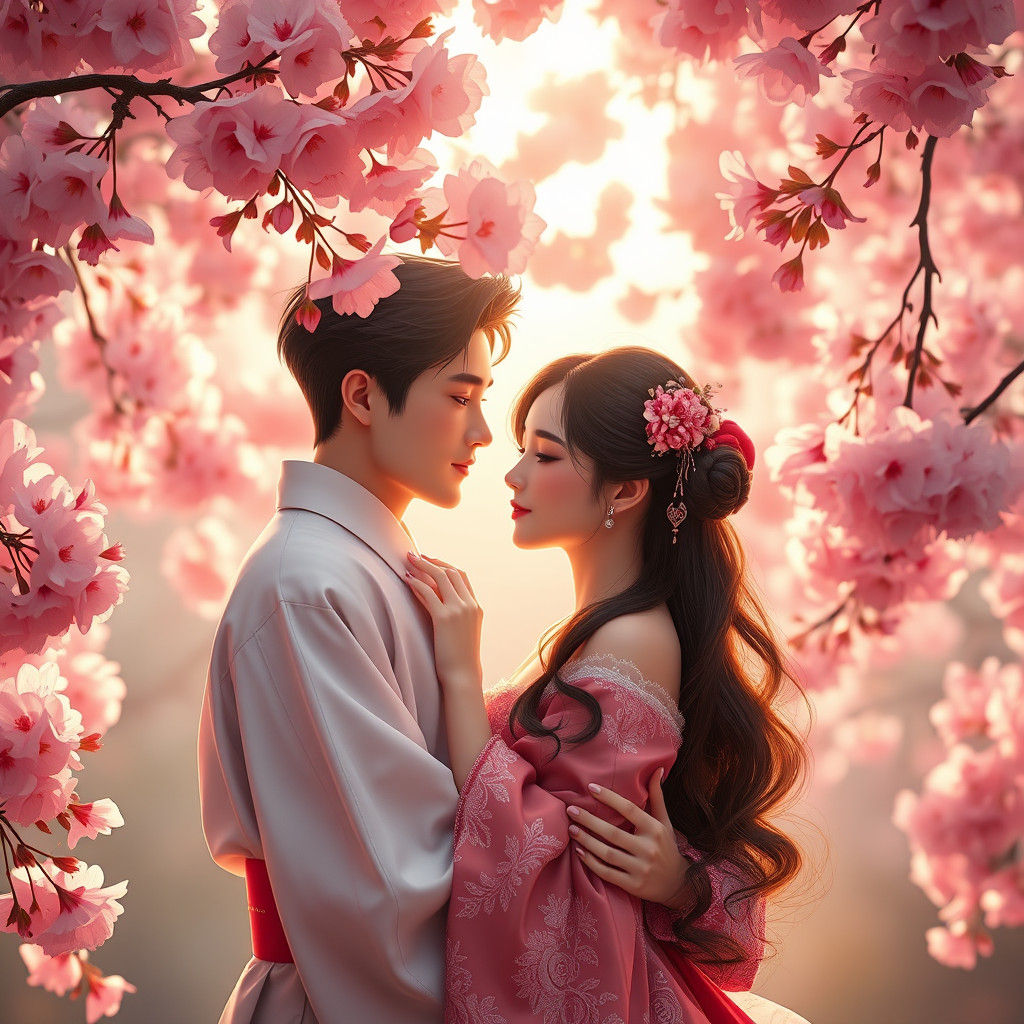 Elegant Couple Embracing in Cherry Blossom Garden