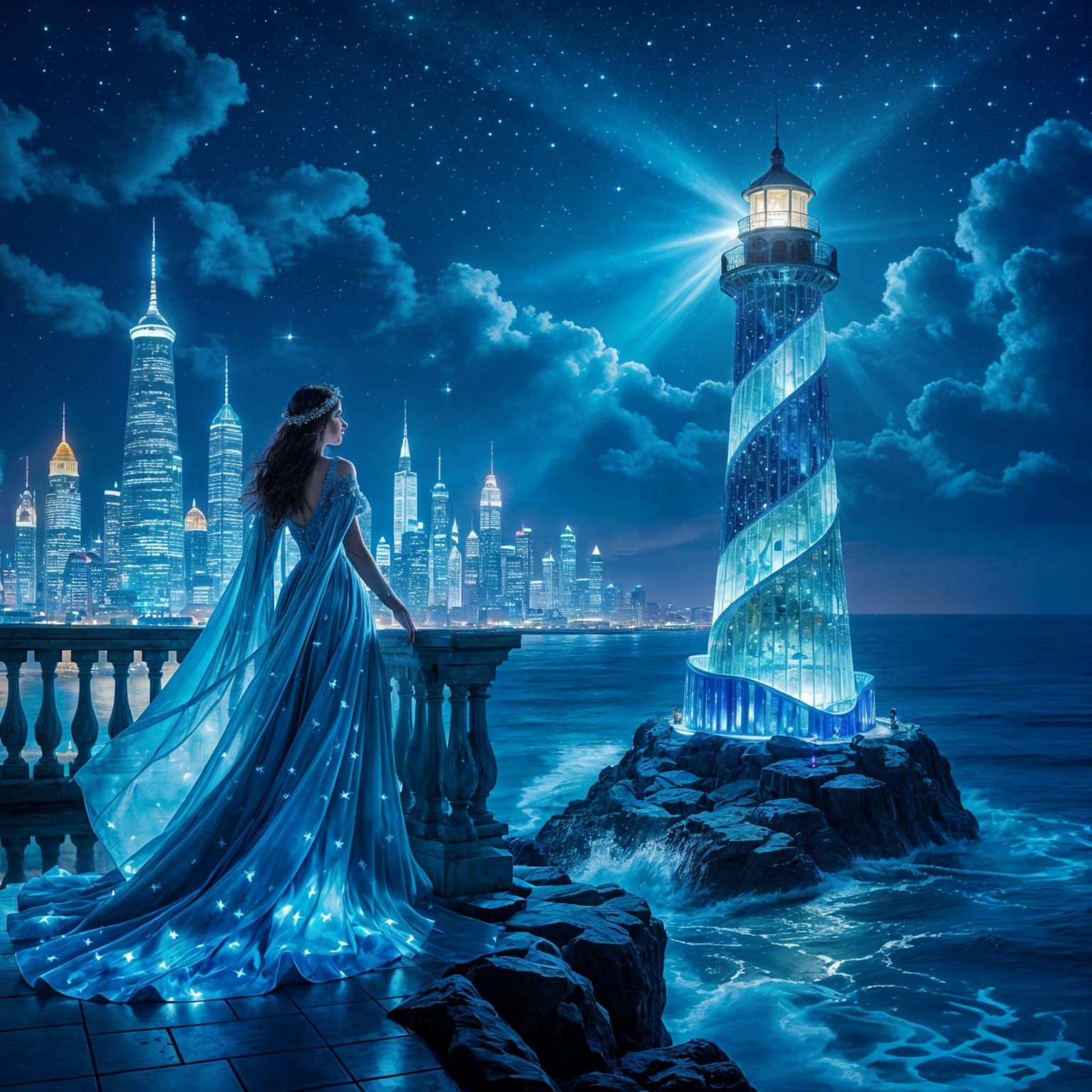 Regal Woman Overlooks Sea Glass City at Night
