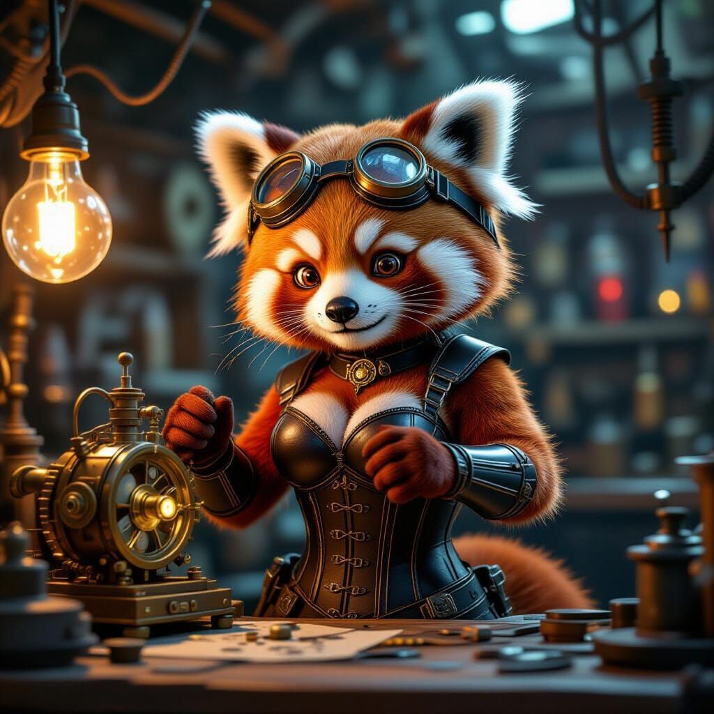 Steampunk Red Panda Inventor in Workshop