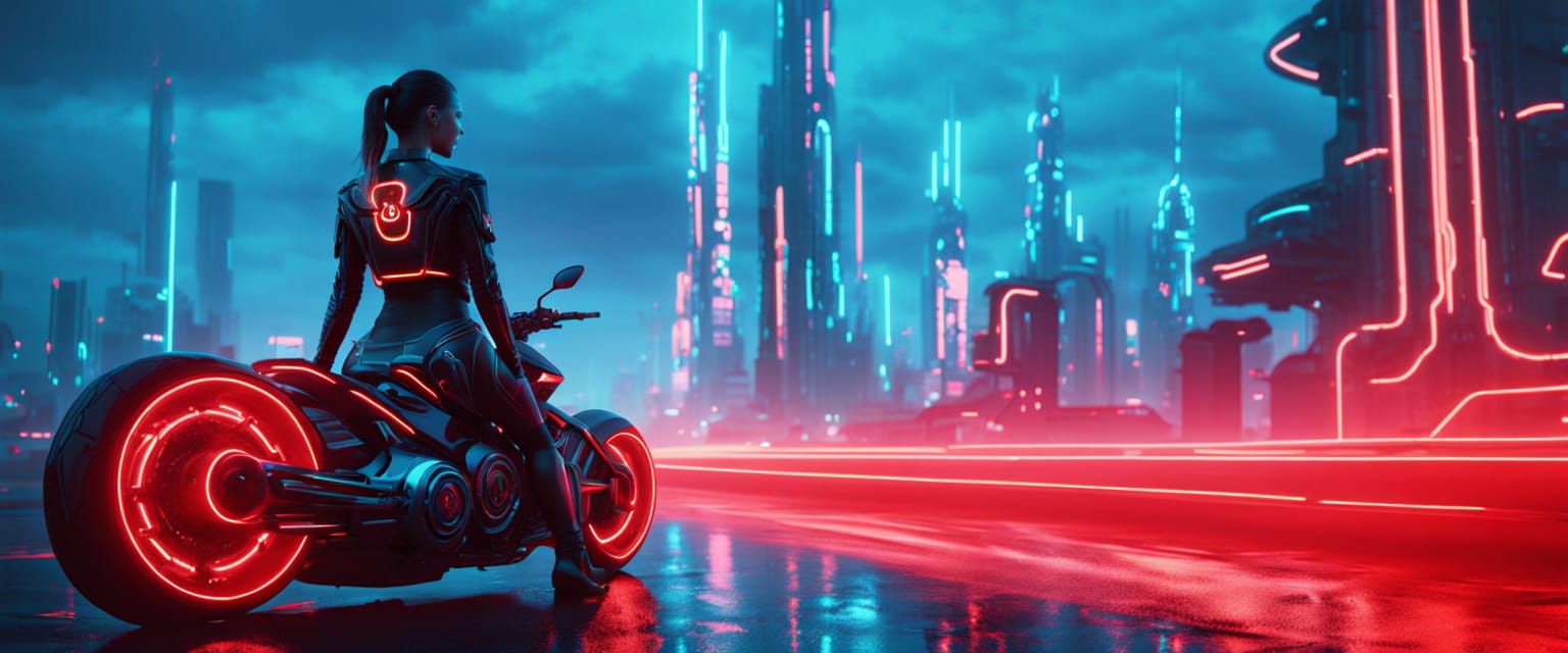 Cyberpunk Woman on Motorcycle in Neon Cityscape