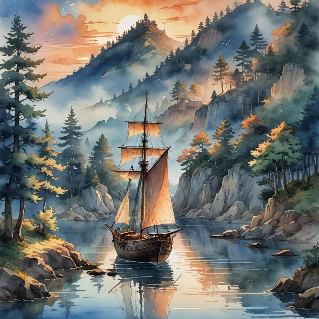 Anime Watercolor: Medieval Sailboat in Sunset Harbor