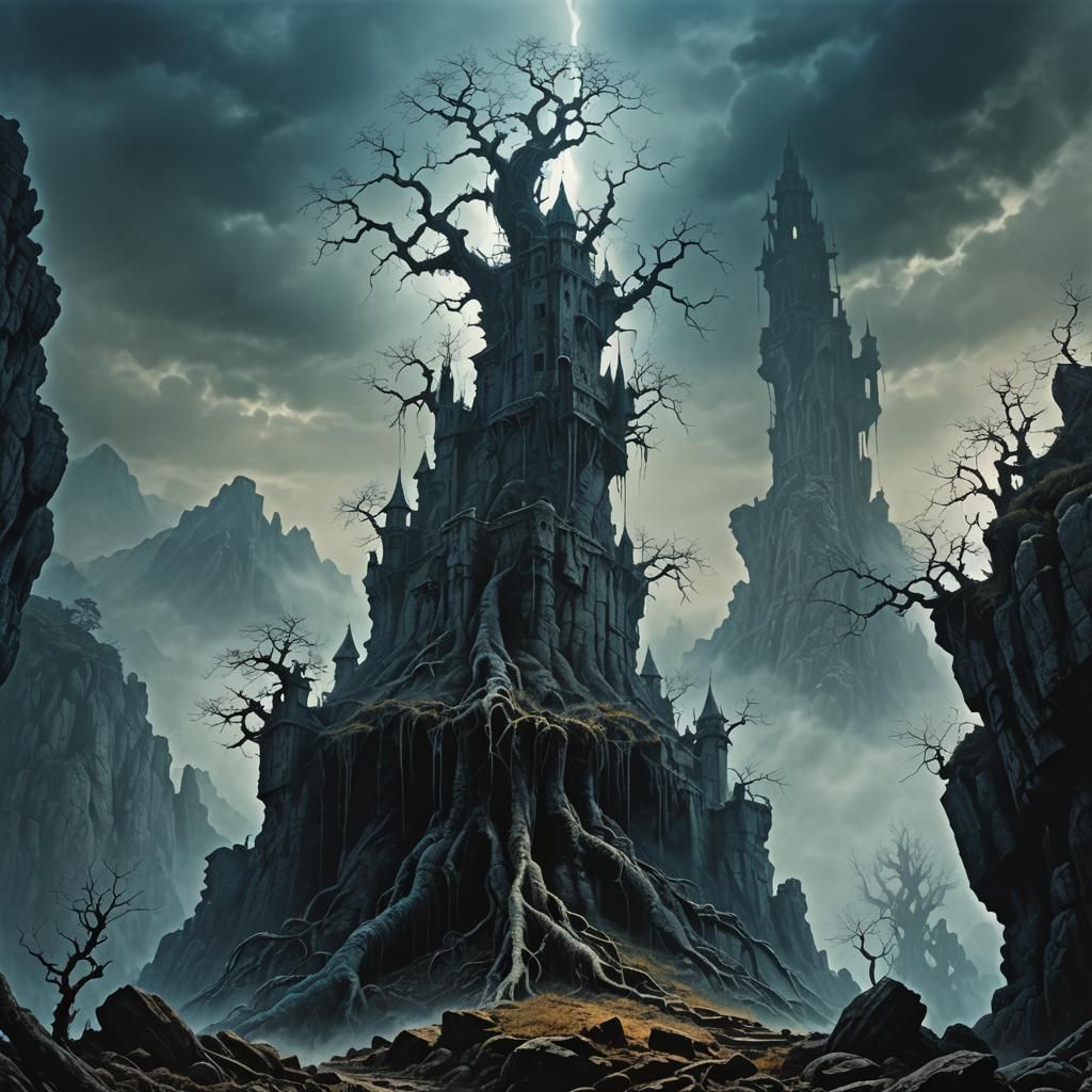 Dark Fantasy Castle Tower in Craggy Landscape