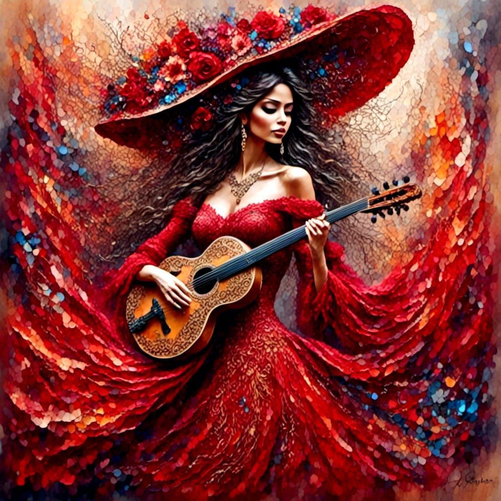 Festive Mexican Senorita Dancing in Antique Watercolor