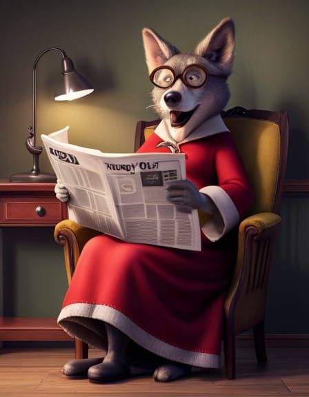 Big Bad Wolf as Grandma Reads Newspaper: Pixar Style