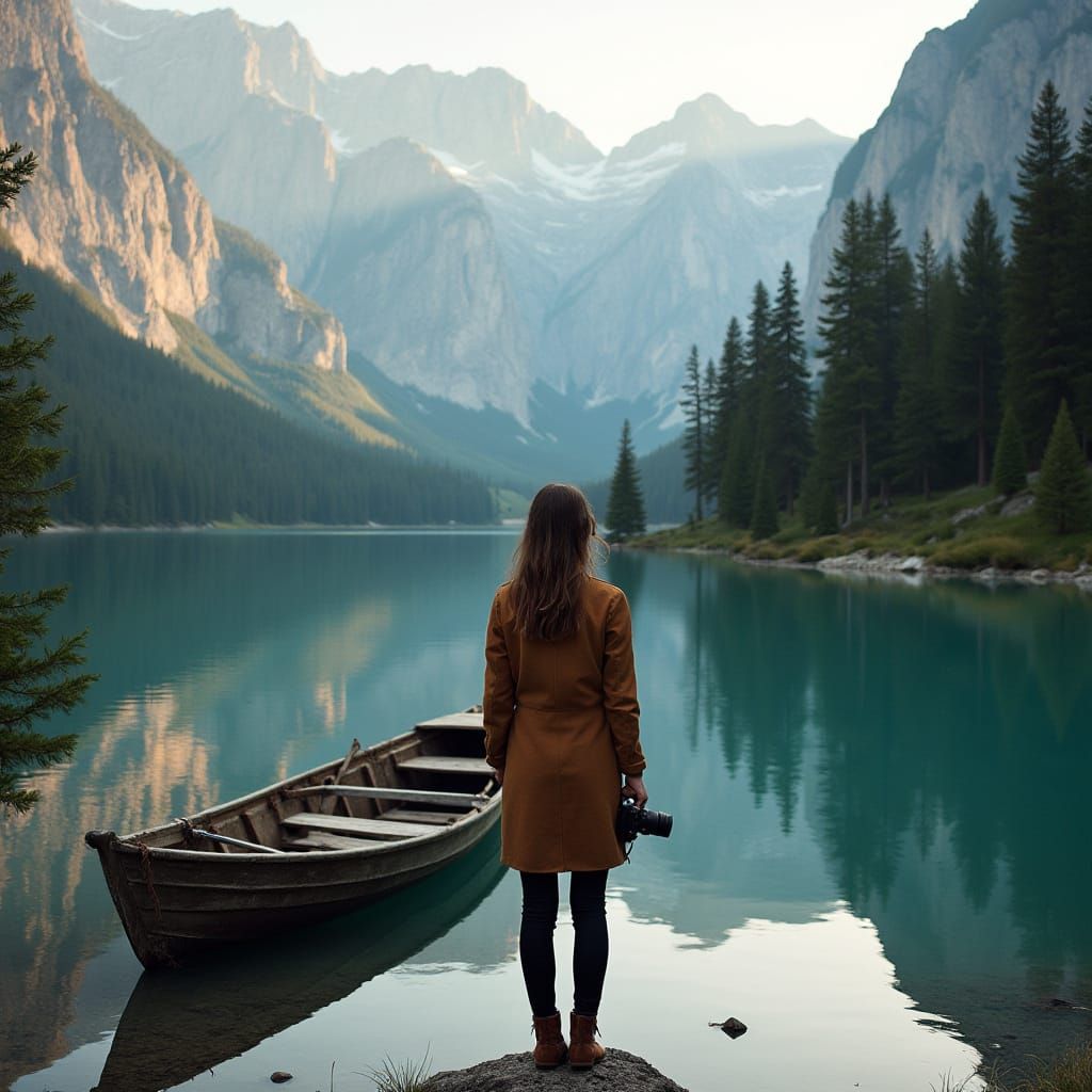 Woman at Serene Mountain Lake in Dolomites