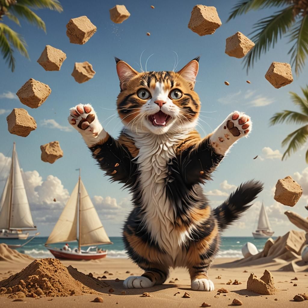 Calico Cat's Beach Day: A Digital Painting