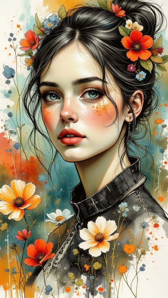 Floral Woman Portrait in Art Nouveau Style