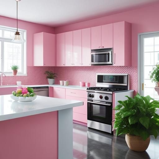 Modern Candy Pink Kitchen with Plants: Professional Photogra...
