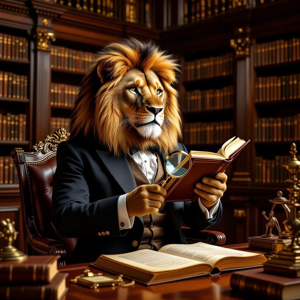 Anthropomorphic Lion in Library, Hyperrealistic Fantasy Art