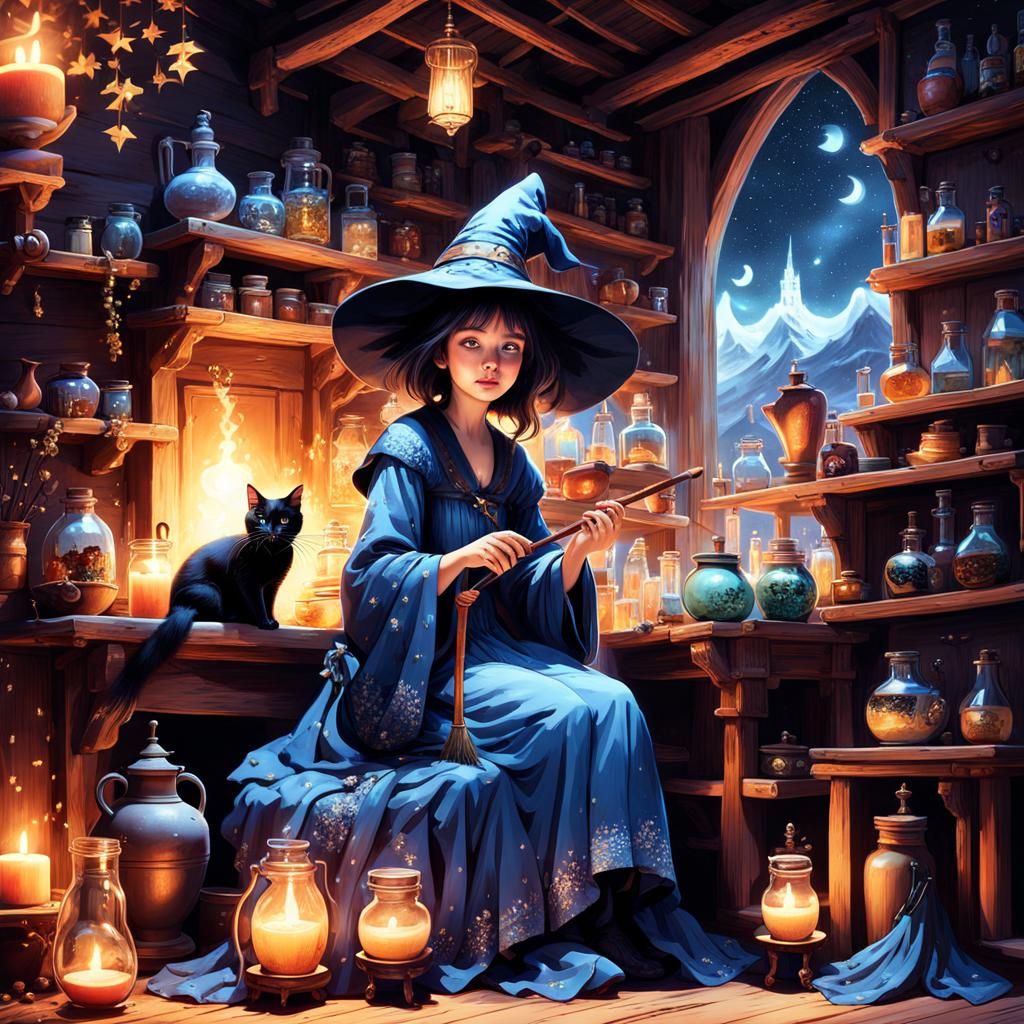 Enchanting Witch Prepares Potions in Whimsical Style