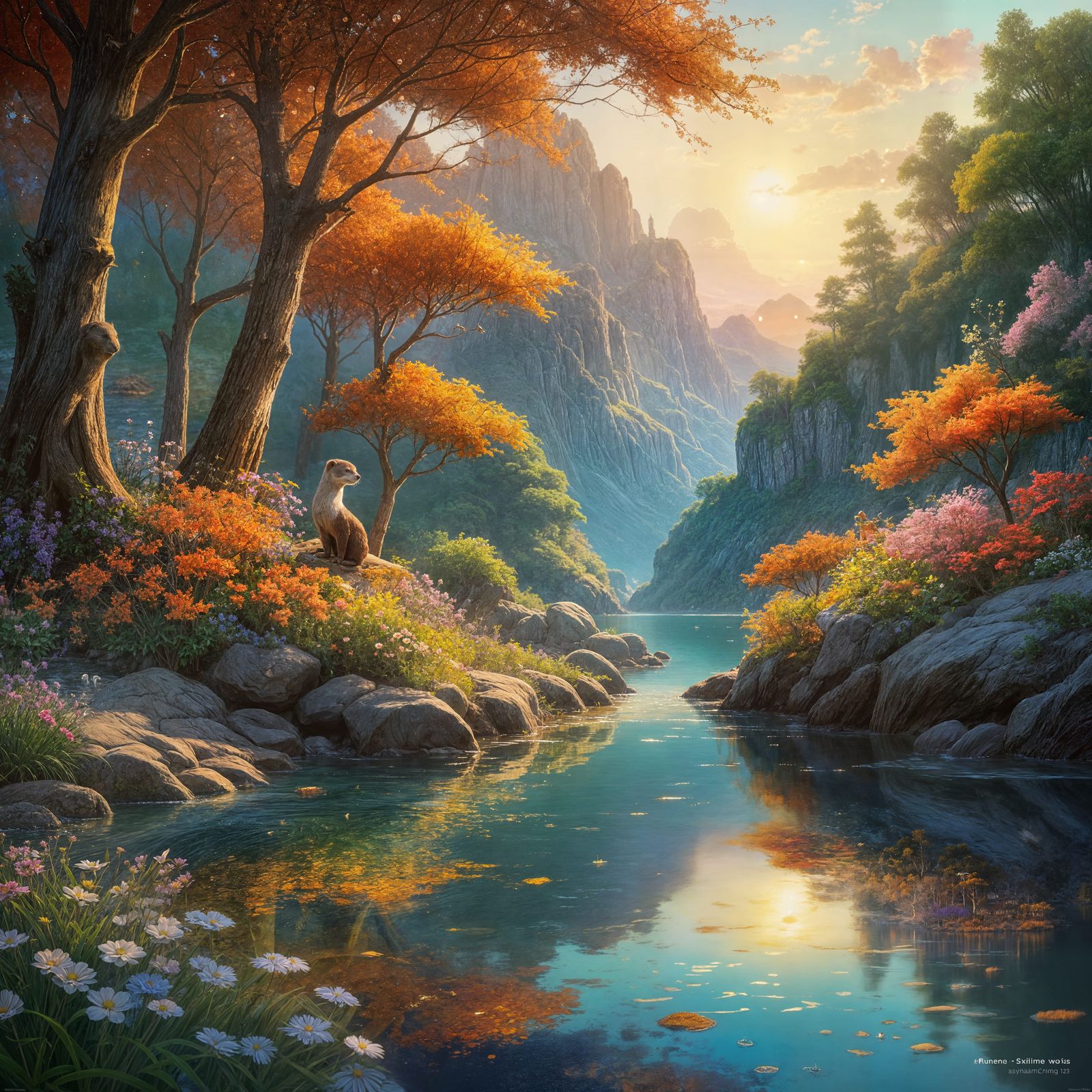 Dreamlike Sunset with Otters, Herons, and Celestial Colors