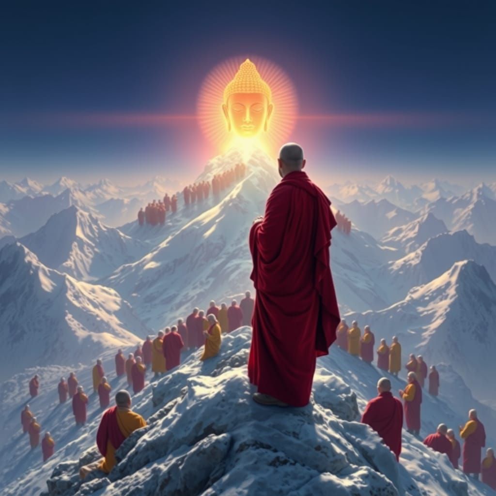 Monk on Everest with Buddha, Mystical Scene