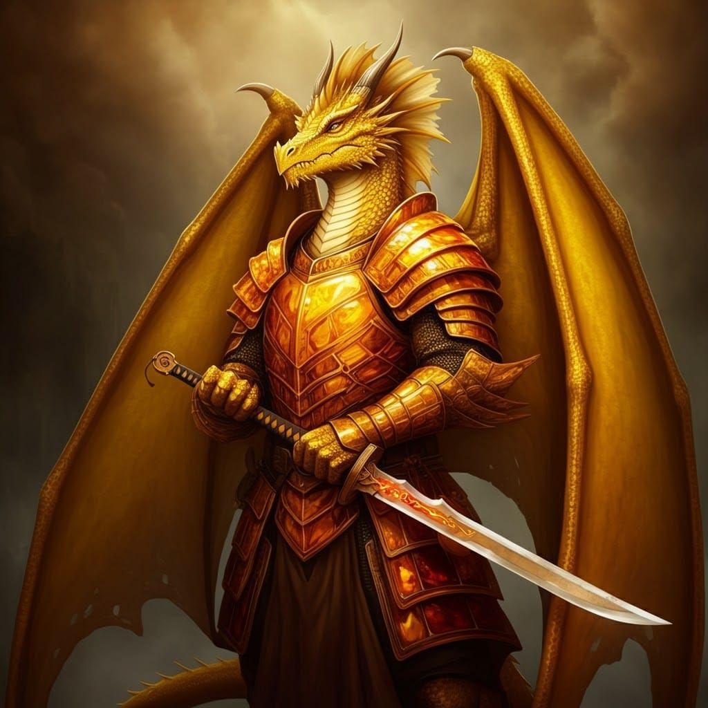 Heroic Gold Dragonborn Fighter in Amber Armor