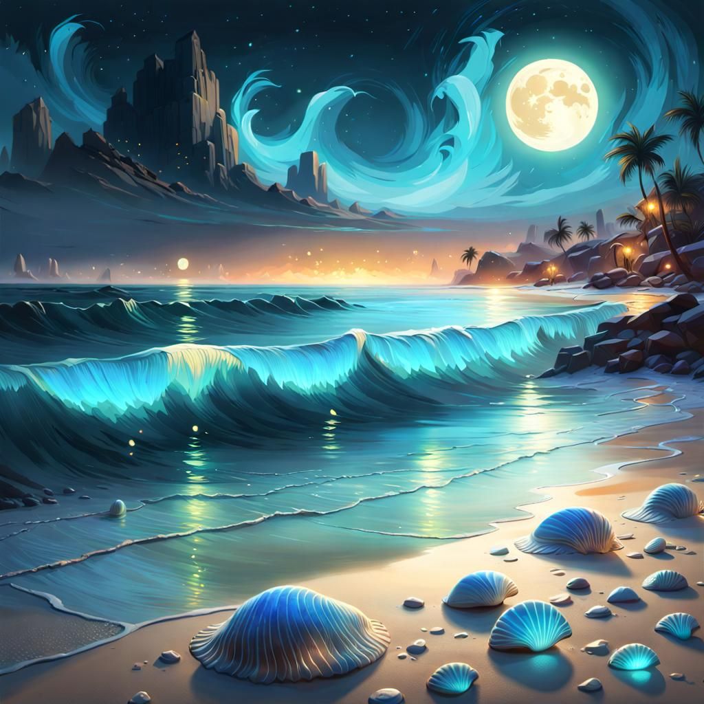 Bioluminescent Beach Waves Under Moonlight: Digital Art