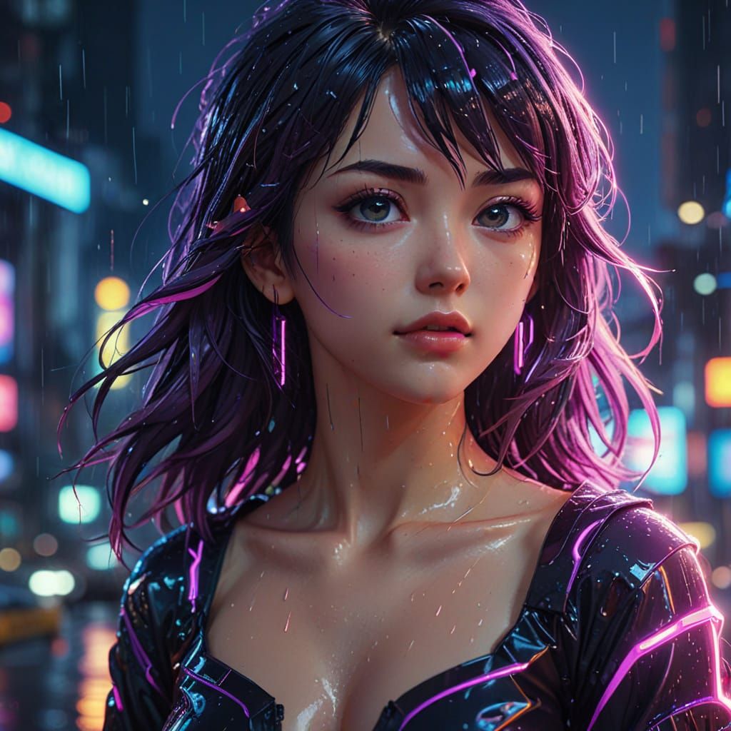 Vibrant Anime Cityscape with Neon Reflections