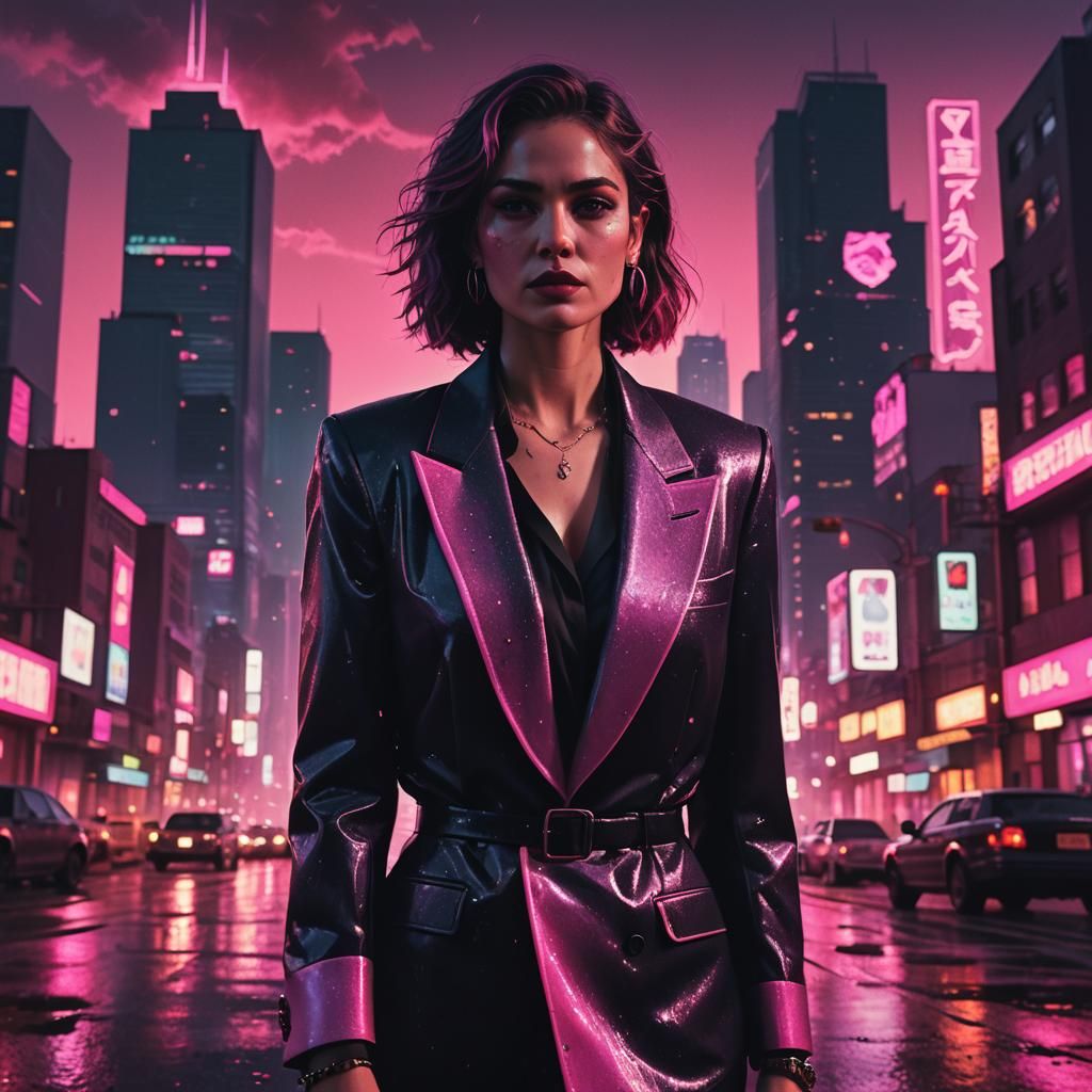 Mafia Woman in Retro Noir Cyberpunk Cityscape